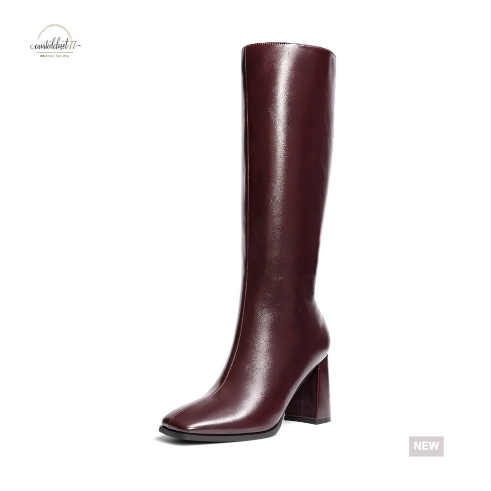 Knee High Boots Square Toe Chunky Heel Side Zipper Faux Leather